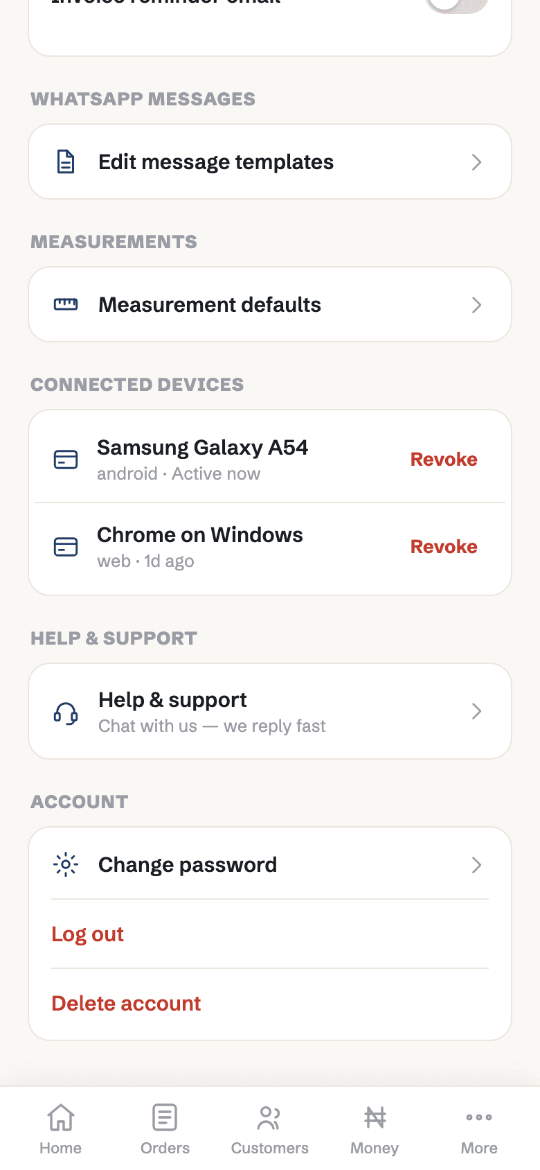The bottom of Taive Settings, with Log out and Delete account