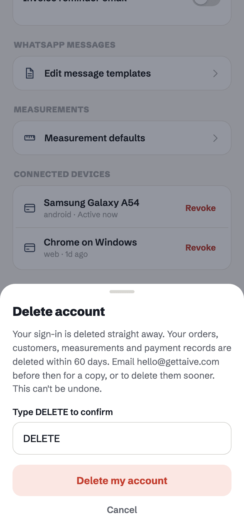 The Delete account confirmation, with DELETE typed in